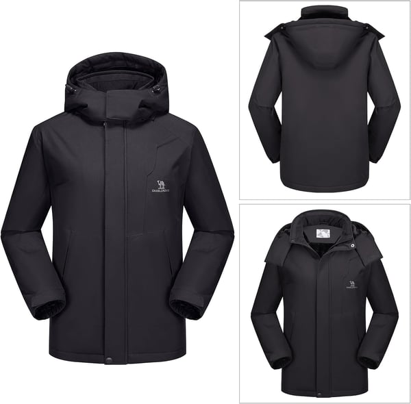 CAMEL CROWN Mens Waterproof Ski Jacket Fleece Lined Snowboarding Jackets Hooded Raincoat Warm Winter CoatBlack