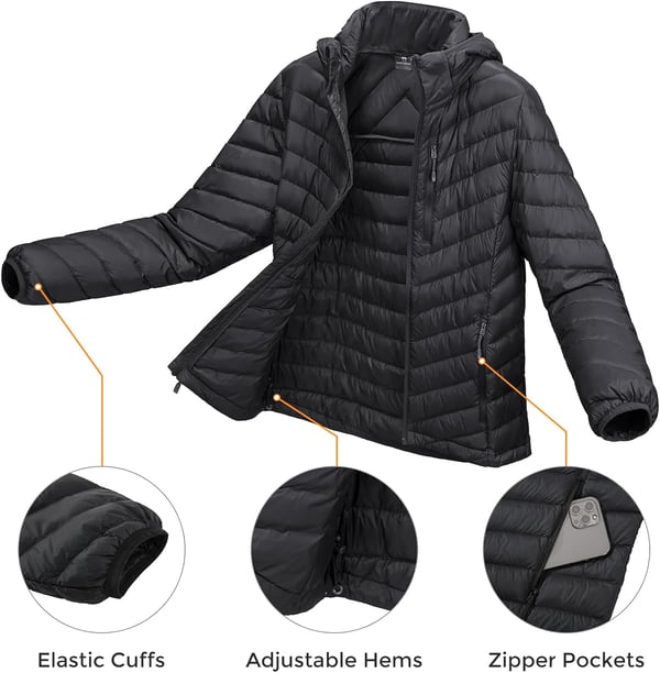 CAMEL CROWN Womens Hooded Down Jackets Quilted Lightweight Puffer Coat Packable Jacket Outerwear With Chest PocketBlackdetachable Hood