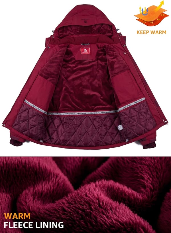 CAMEL CROWN Mens Winter Ski Jackets Warmth Coat Waterproof Detachable Hood Windproof Fleece Lined for Mountain SnowWine Red