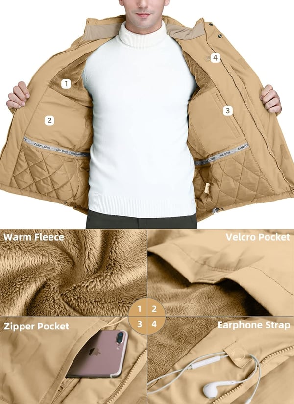 CAMEL CROWN Mens Winter Ski Jackets Warmth Coat Waterproof Detachable Hood Windproof Fleece Lined for Mountain SnowKhaki