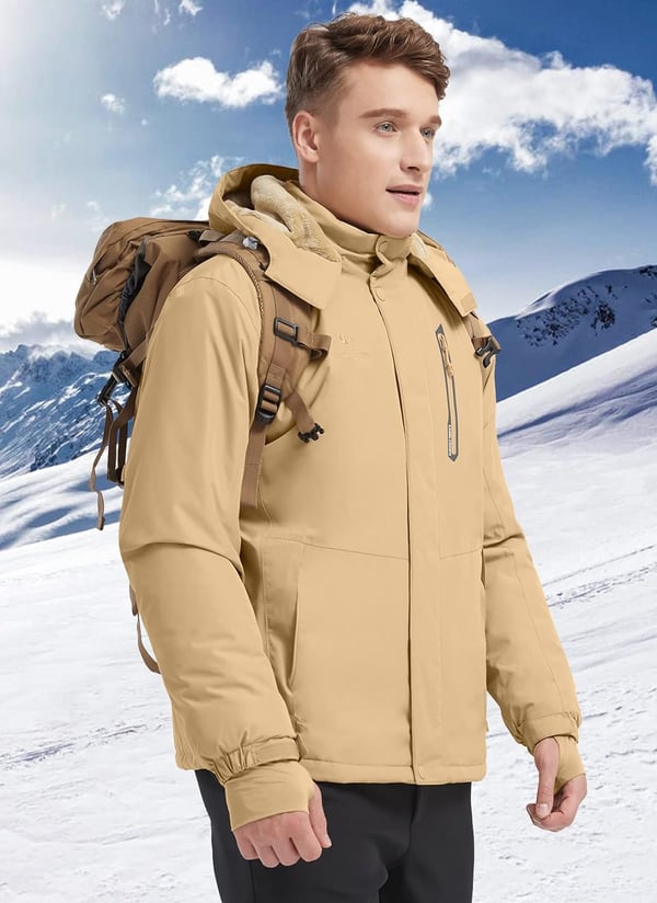 CAMEL CROWN Mens Winter Ski Jackets Warmth Coat Waterproof Detachable Hood Windproof Fleece Lined for Mountain SnowKhaki