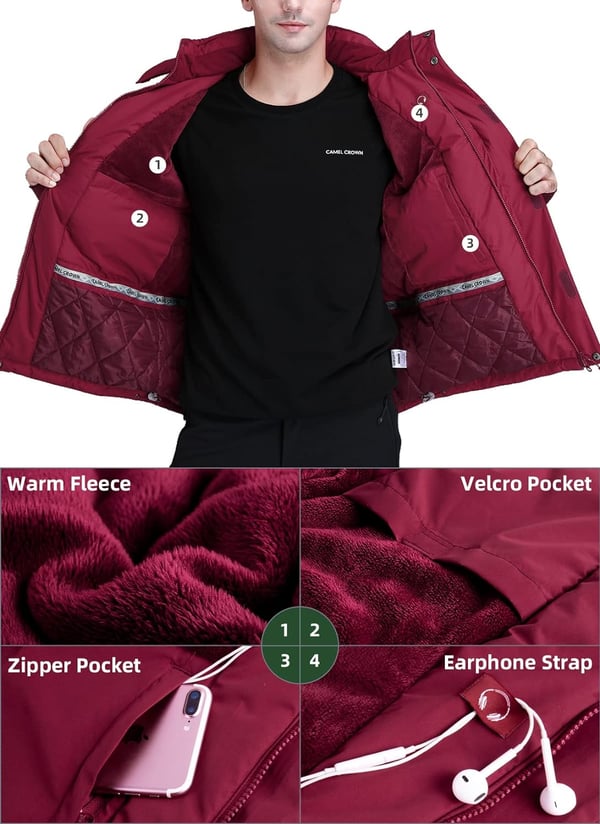 CAMEL CROWN Mens Winter Ski Jackets Warmth Coat Waterproof Detachable Hood Windproof Fleece Lined for Mountain SnowWine Red