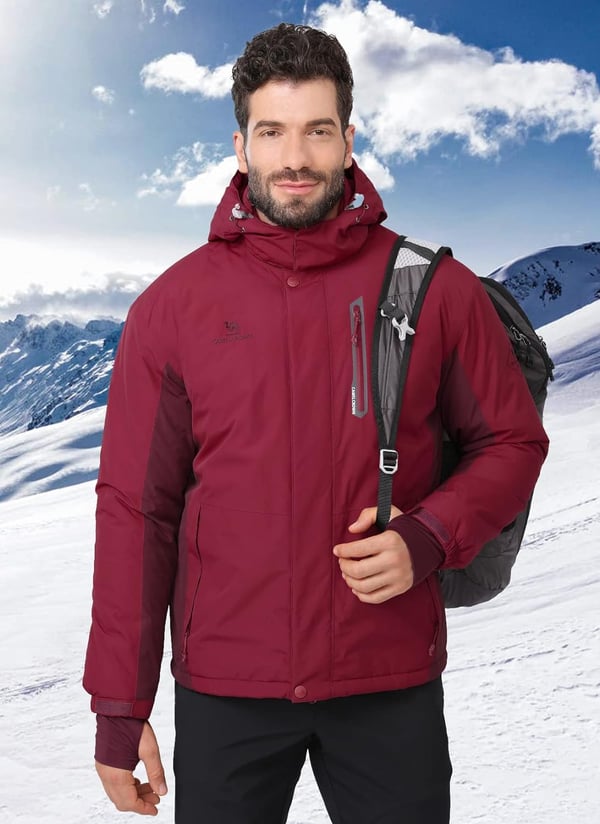 CAMEL CROWN Mens Winter Ski Jackets Warmth Coat Waterproof Detachable Hood Windproof Fleece Lined for Mountain SnowWine Red