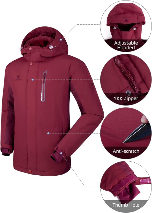 CAMEL CROWN Mens Winter Ski Jackets Warmth Coat Waterproof Detachable Hood Windproof Fleece Lined for Mountain SnowWine Red