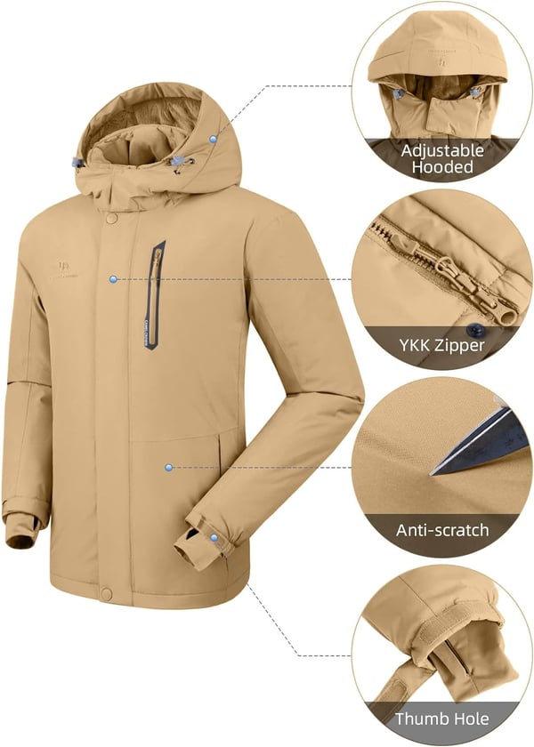 CAMEL CROWN Mens Winter Ski Jackets Warmth Coat Waterproof Detachable Hood Windproof Fleece Lined for Mountain SnowKhaki