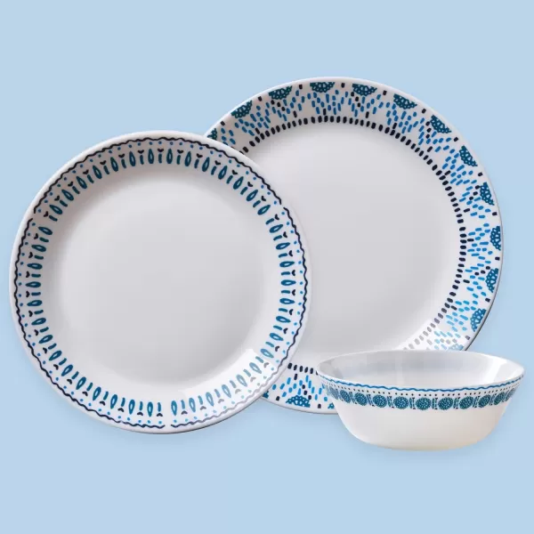 Corelle Everyday Expressions 12-Pc Dinnerware Set, Service for 4, Durable and Eco-Friendly, Higher Rim Glass Plate &amp; Bowl Set, Microwave and Dishwasher Safe, Azure Medallion