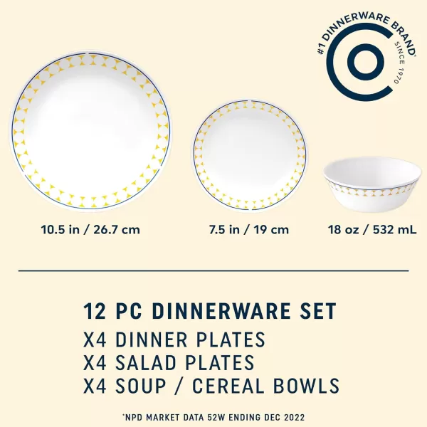 Corelle Everyday Expressions 12-Pc Dinnerware Set, Service for 4, Durable and Eco-Friendly, Higher Rim Glass Plate &amp; Bowl Set, Microwave and Dishwasher Safe, Azure Medallion