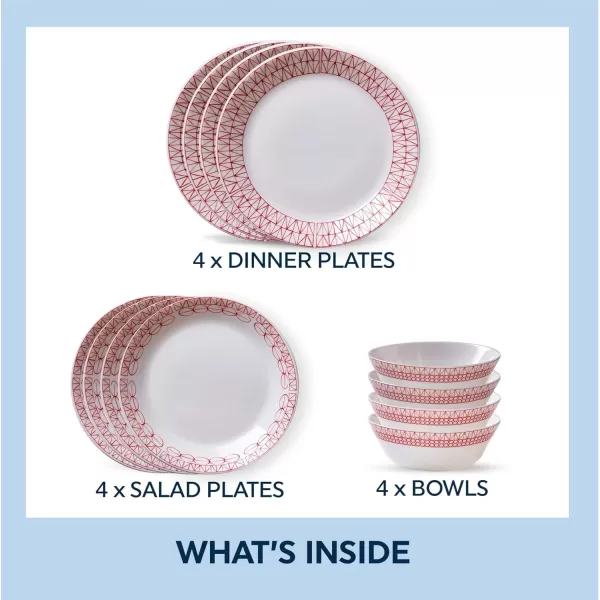 Corelle Everyday Expressions 12-Pc Dinnerware Set, Service for 4, Durable and Eco-Friendly, Higher Rim Glass Plate &amp; Bowl Set, Microwave and Dishwasher Safe, Azure Medallion