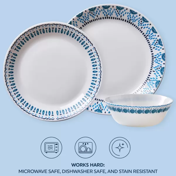 Corelle Everyday Expressions 12-Pc Dinnerware Set, Service for 4, Durable and Eco-Friendly, Higher Rim Glass Plate &amp; Bowl Set, Microwave and Dishwasher Safe, Azure Medallion