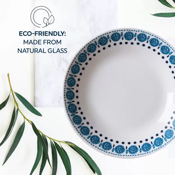 Corelle MilkGlass 4-Piece  8.5" Pasta Bowl Plate Set, Higher Rimmed Glass Dinnerware For Pasta Salad Meal, Azure Medallion, 1 Count 