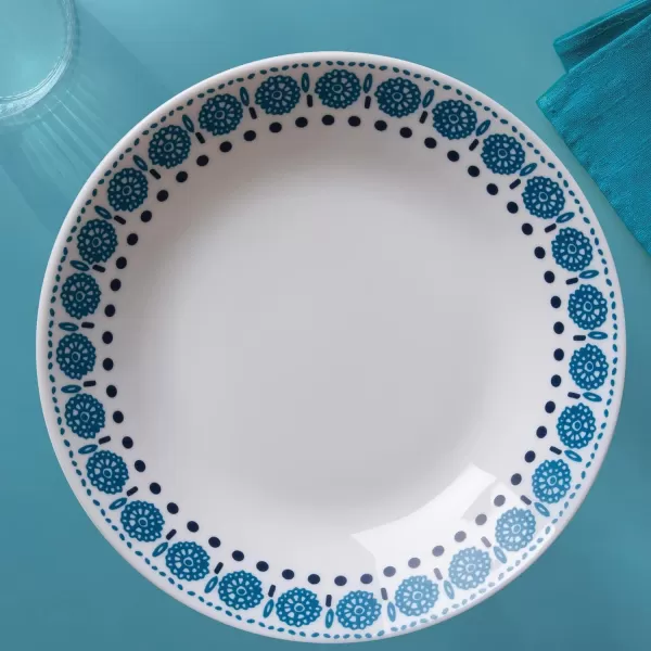 Corelle MilkGlass 4-Piece  8.5" Pasta Bowl Plate Set, Higher Rimmed Glass Dinnerware For Pasta Salad Meal, Azure Medallion, 1 Count 