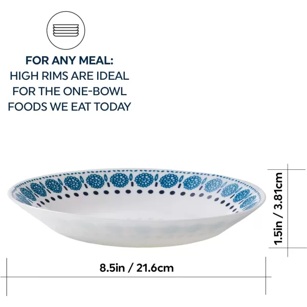 Corelle MilkGlass 4-Piece  8.5" Pasta Bowl Plate Set, Higher Rimmed Glass Dinnerware For Pasta Salad Meal, Azure Medallion, 1 Count 
