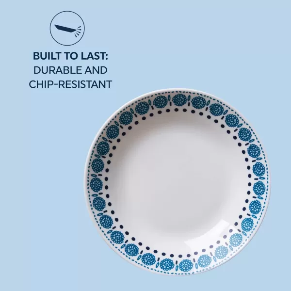 Corelle MilkGlass 4-Piece  8.5" Pasta Bowl Plate Set, Higher Rimmed Glass Dinnerware For Pasta Salad Meal, Azure Medallion, 1 Count 