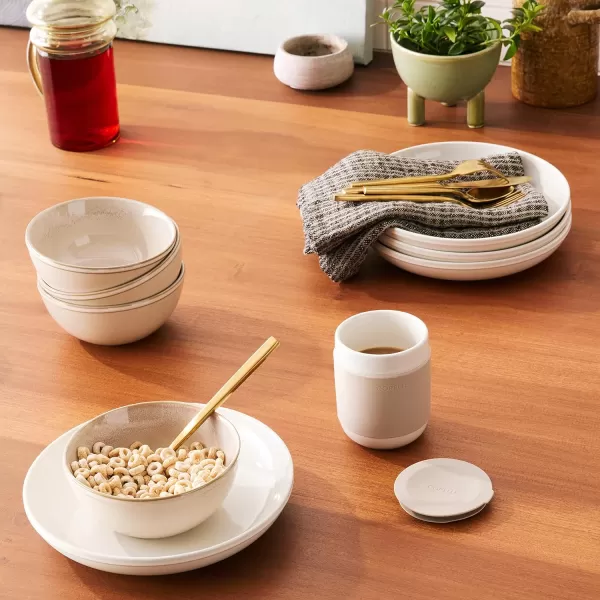 Corelle Stoneware 16-Pc Dinnerware Set, Handcrafted Artisanal Double Bead Plates, Meal Bowls, Bowls and Tumblers, Solid and Reactive Glazes, Dining Plate Set, Oatmeal