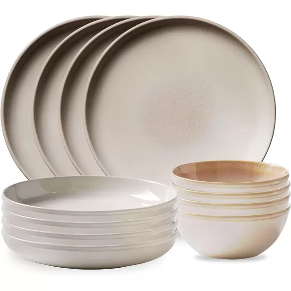 Corelle Stoneware 16-Pc Dinnerware Set, Handcrafted Artisanal Double Bead Plates, Meal Bowls, Bowls and Tumblers, Solid and Reactive Glazes, Dining Plate Set, Oatmeal