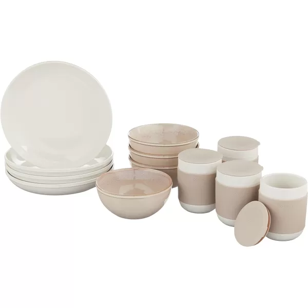Corelle Stoneware 16-Pc Dinnerware Set, Handcrafted Artisanal Double Bead Plates, Meal Bowls, Bowls and Tumblers, Solid and Reactive Glazes, Dining Plate Set, Oatmeal
