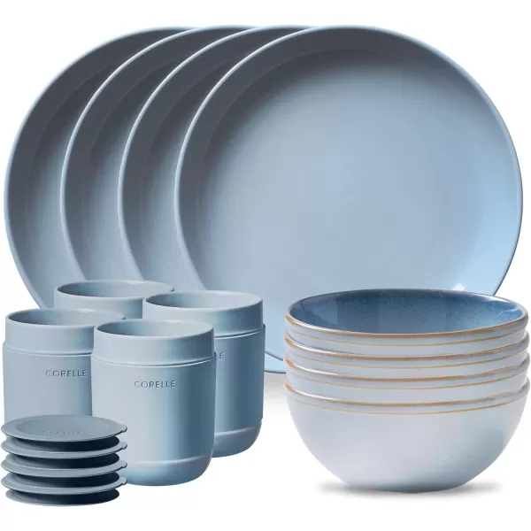 Corelle Stoneware 16-Pc Dinnerware Set, Handcrafted Artisanal Double Bead Plates, Meal Bowls, Bowls and Tumblers, Solid and Reactive Glazes, Dining Plate Set, Oatmeal