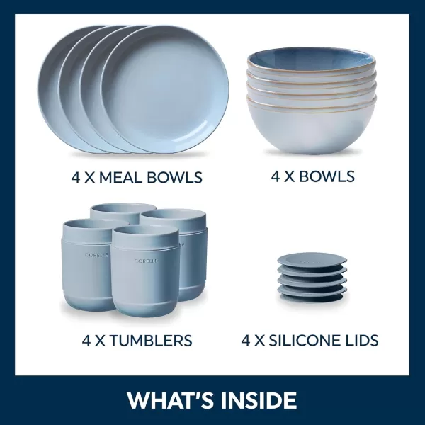 Corelle Stoneware 16-Pc Dinnerware Set, Handcrafted Artisanal Double Bead Plates, Meal Bowls, Bowls and Tumblers, Solid and Reactive Glazes, Dining Plate Set, Oatmeal