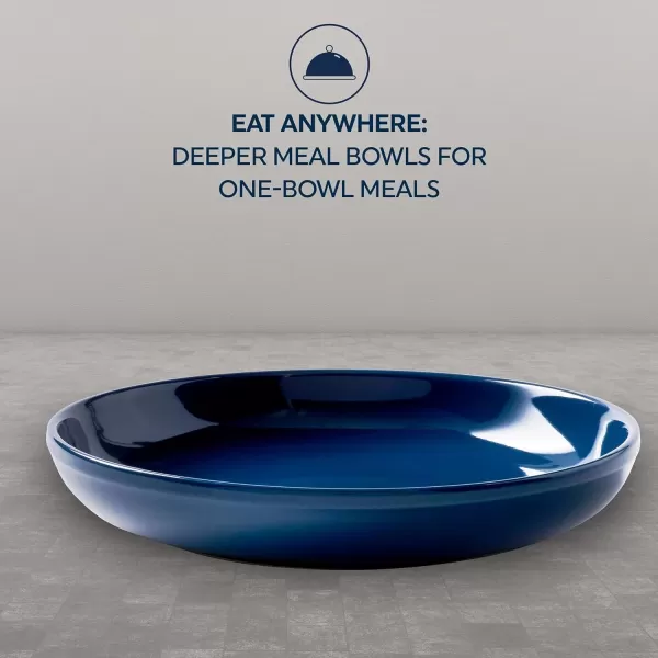Corelle Stoneware 4-Pc Meal Bowl Set, Handcrafted Artisanal Double Bead Cereal Bowls, Solid Glaze Stoneware, 8-1/2-Inch Pasta Bowl Set, Nordic Blue