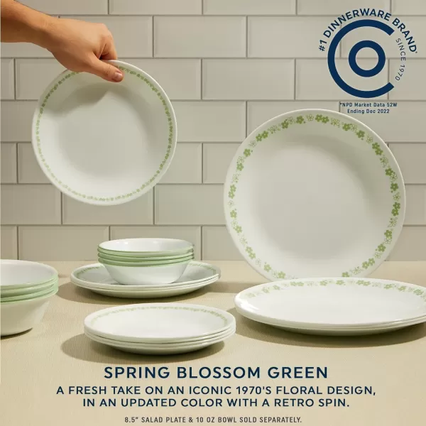 Corelle Vitrelle 18 Piece Glass Dinnerware Sets, Service for 6, Triple Layer Chip &amp; Crack Resistant Glass Plate and Bowl Sets, Spring Blossom Green