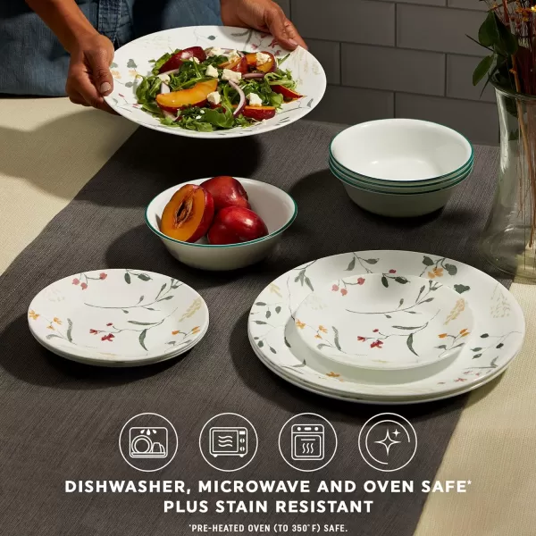 Corelle Vitrelle 18 Piece Glass Dinnerware Sets, Service for 6, Triple Layer Chip &amp; Crack Resistant Glass Plate and Bowl Sets, Spring Blossom Green