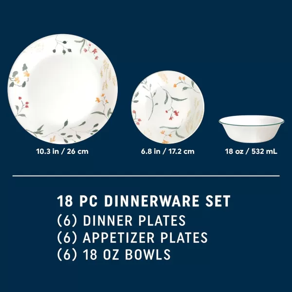Corelle Vitrelle 18 Piece Glass Dinnerware Sets, Service for 6, Triple Layer Chip &amp; Crack Resistant Glass Plate and Bowl Sets, Spring Blossom Green