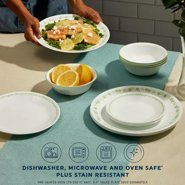 Corelle Vitrelle 18 Piece Glass Dinnerware Sets, Service for 6, Triple Layer Chip &amp; Crack Resistant Glass Plate and Bowl Sets, Spring Blossom Green