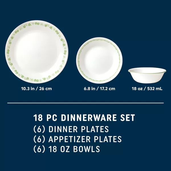 Corelle Vitrelle 18 Piece Glass Dinnerware Sets, Service for 6, Triple Layer Chip &amp; Crack Resistant Glass Plate and Bowl Sets, Spring Blossom Green