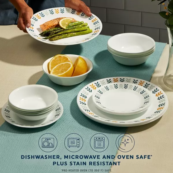 Corelle Vitrelle 18 Piece Glass Dinnerware Sets, Service for 6, Triple Layer Chip &amp; Crack Resistant Glass Plate and Bowl Sets, Spring Blossom Green