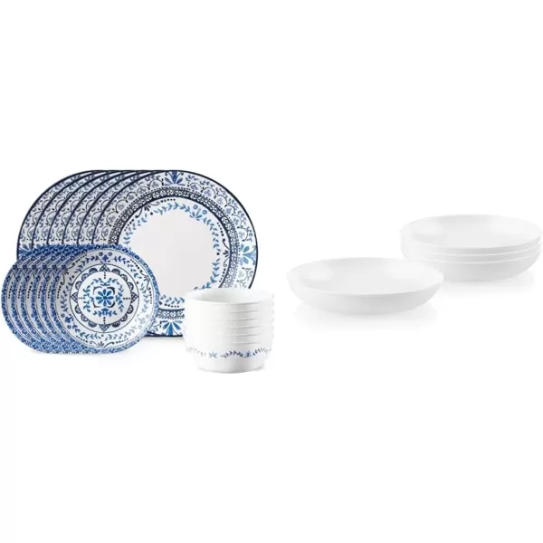 Corelle Vitrelle 18-Piece Service for 6 Dinnerware Set, Triple Layer Glass and Chip Resistant, Lightweight Round Plates and Bowls Set, Portofino