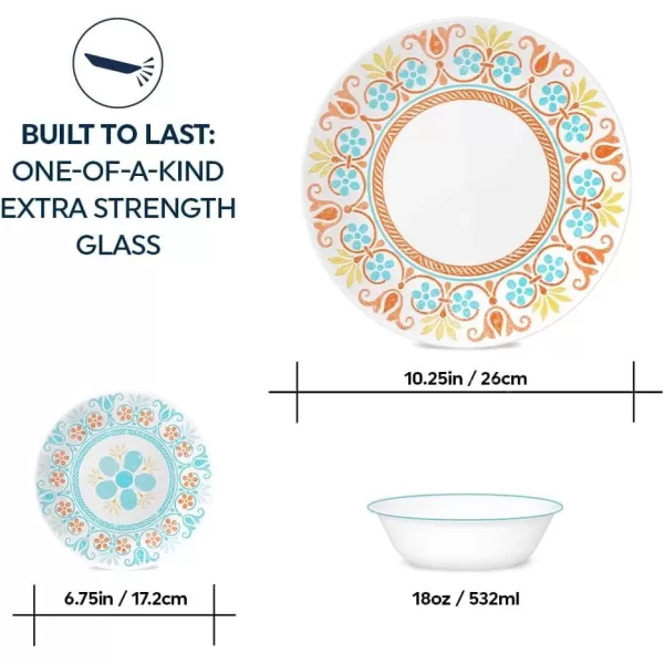 Corelle Vitrelle 18-Piece Service for 6 Dinnerware Set, Triple Layer Glass and Chip Resistant, Lightweight Round Plates and Bowls Set, Portofino