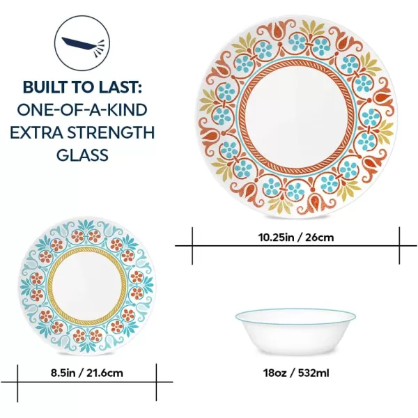 Corelle Vitrelle 18-Piece Service for 6 Dinnerware Set, Triple Layer Glass and Chip Resistant, Lightweight Round Plates and Bowls Set, Portofino