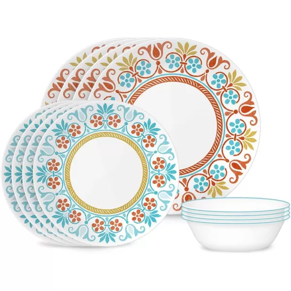 Corelle Vitrelle 18-Piece Service for 6 Dinnerware Set, Triple Layer Glass and Chip Resistant, Lightweight Round Plates and Bowls Set, Portofino