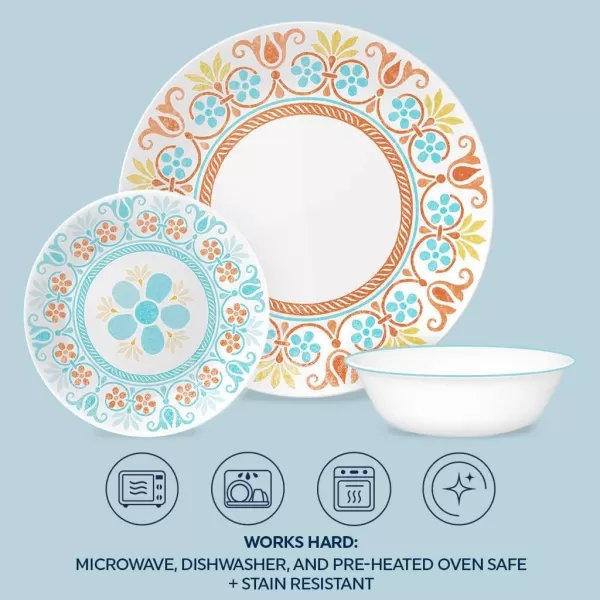 Corelle Vitrelle 18-Piece Service for 6 Dinnerware Set, Triple Layer Glass and Chip Resistant, Lightweight Round Plates and Bowls Set, Portofino