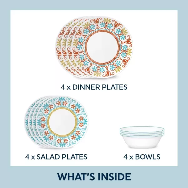 Corelle Vitrelle 18-Piece Service for 6 Dinnerware Set, Triple Layer Glass and Chip Resistant, Lightweight Round Plates and Bowls Set, Portofino