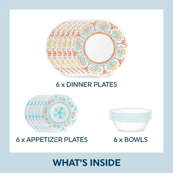Corelle Vitrelle 18-Piece Service for 6 Dinnerware Set, Triple Layer Glass and Chip Resistant, Lightweight Round Plates and Bowls Set, Portofino