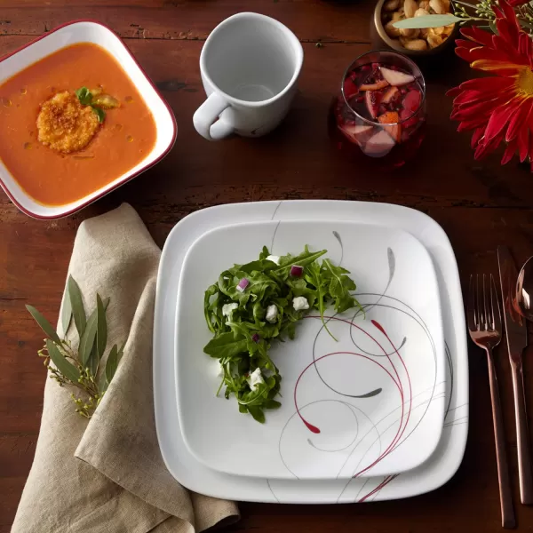 Corelle Vitrelle 18-Piece Service for 6 Dinnerware Set, Triple Layer Glass and Chip Resistant, Lightweight Square Plates and Bowls Set, Simple Sketch