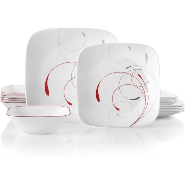 Corelle Vitrelle 18-Piece Service for 6 Dinnerware Set, Triple Layer Glass and Chip Resistant, Lightweight Square Plates and Bowls Set, Simple Sketch