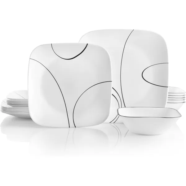Corelle Vitrelle 18-Piece Service for 6 Dinnerware Set, Triple Layer Glass and Chip Resistant, Lightweight Square Plates and Bowls Set, Simple Sketch