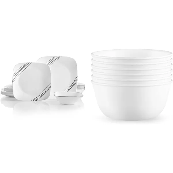Corelle Vitrelle 18-Piece Service for 6 Dinnerware Set, Triple Layer Glass and Chip Resistant, Lightweight Square Plates and Bowls Set, Simple Sketch