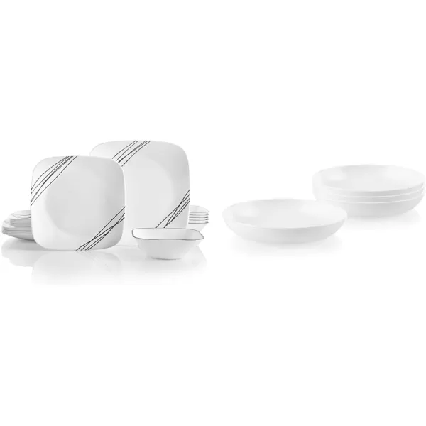 Corelle Vitrelle 18-Piece Service for 6 Dinnerware Set, Triple Layer Glass and Chip Resistant, Lightweight Square Plates and Bowls Set, Simple Sketch