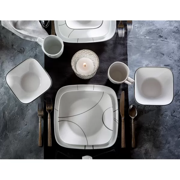 Corelle Vitrelle 18-Piece Service for 6 Dinnerware Set, Triple Layer Glass and Chip Resistant, Lightweight Square Plates and Bowls Set, Simple Sketch