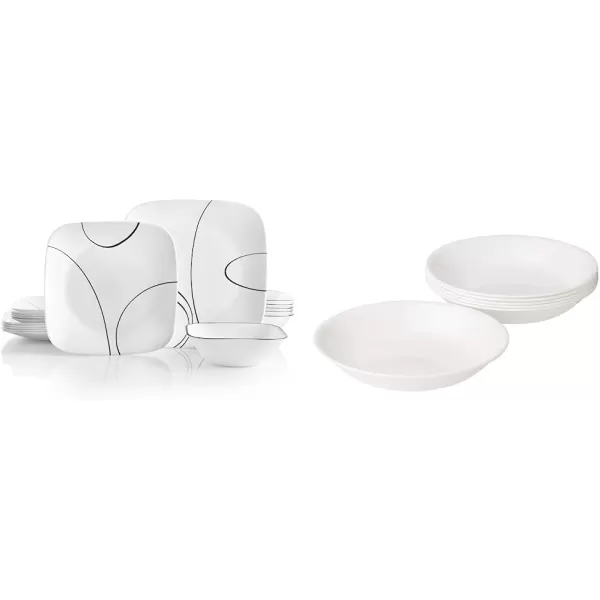 Corelle Vitrelle 18-Piece Service for 6 Dinnerware Set, Triple Layer Glass and Chip Resistant, Lightweight Square Plates and Bowls Set, Simple Sketch