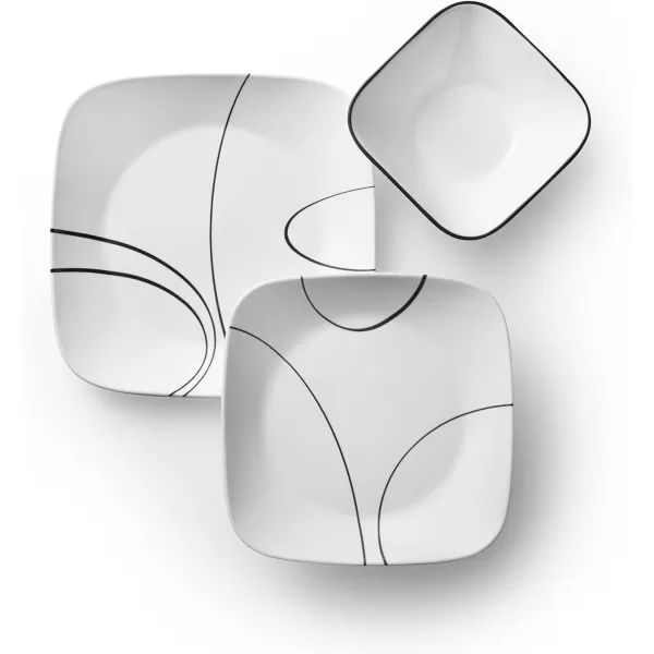 Corelle Vitrelle 18-Piece Service for 6 Dinnerware Set, Triple Layer Glass and Chip Resistant, Lightweight Square Plates and Bowls Set, Simple Sketch