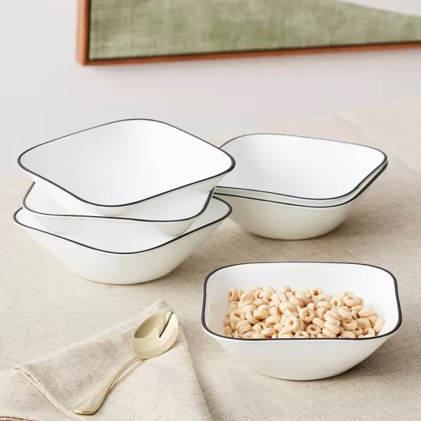 Corelle Vitrelle  Cereal Soup Bowls, Triple Layer Glass and Chip Resistant, Lightweight Square Dinnerware Bowl Set, Splendor, Black Banded, 6-Piece