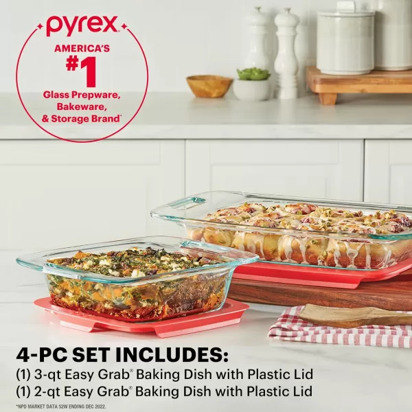 Pyrex Easy Grab 4-Piece Glass Baking Dish Set with Lids, 2-Qt Glass Bakeware Set, Non-Toxic, BPA-Free Lids, Tempered Glass Nesting Bakeware Set