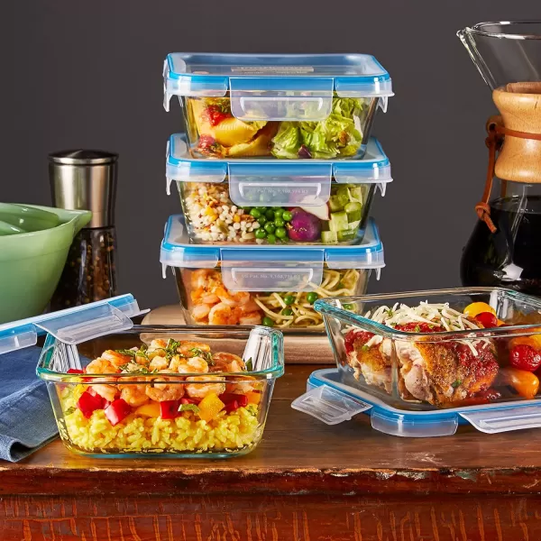 Snapware Total Solution 10-PC  Square Glass Food Storage Container Set with Plastic Lids, Medium Size Set of 4-Cups, BPA-Free Lids with Locking Tabs, Microwave, Dishwasher, and Freezer Safe