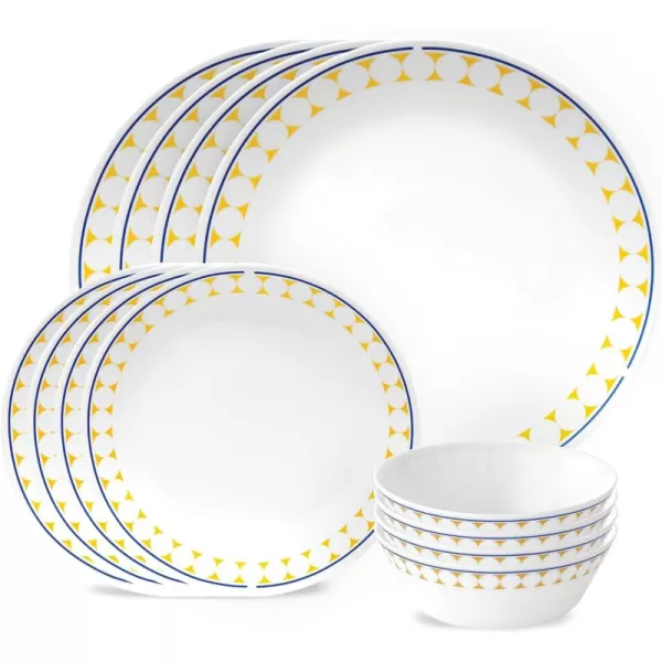Corelle Everyday Expressions 12-Pc Dinnerware Set, Service for 4, Durable and Eco-Friendly, Higher Rim Glass Plate &amp; Bowl Set, Microwave and Dishwasher Safe, Azure Medallion