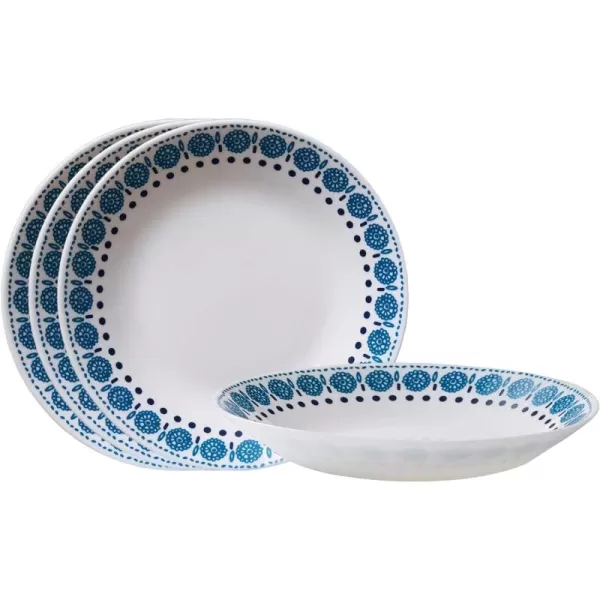 Corelle MilkGlass 4-Piece  8.5" Pasta Bowl Plate Set, Higher Rimmed Glass Dinnerware For Pasta Salad Meal, Azure Medallion, 1 Count 