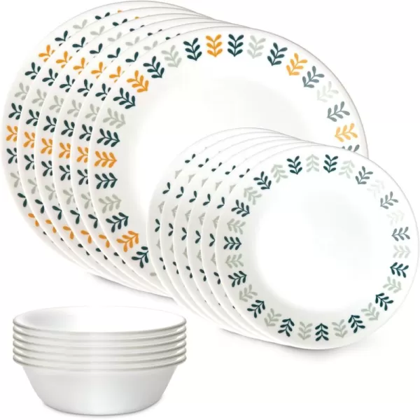 Corelle Vitrelle 18 Piece Glass Dinnerware Sets, Service for 6, Triple Layer Chip &amp; Crack Resistant Glass Plate and Bowl Sets, Spring Blossom Green